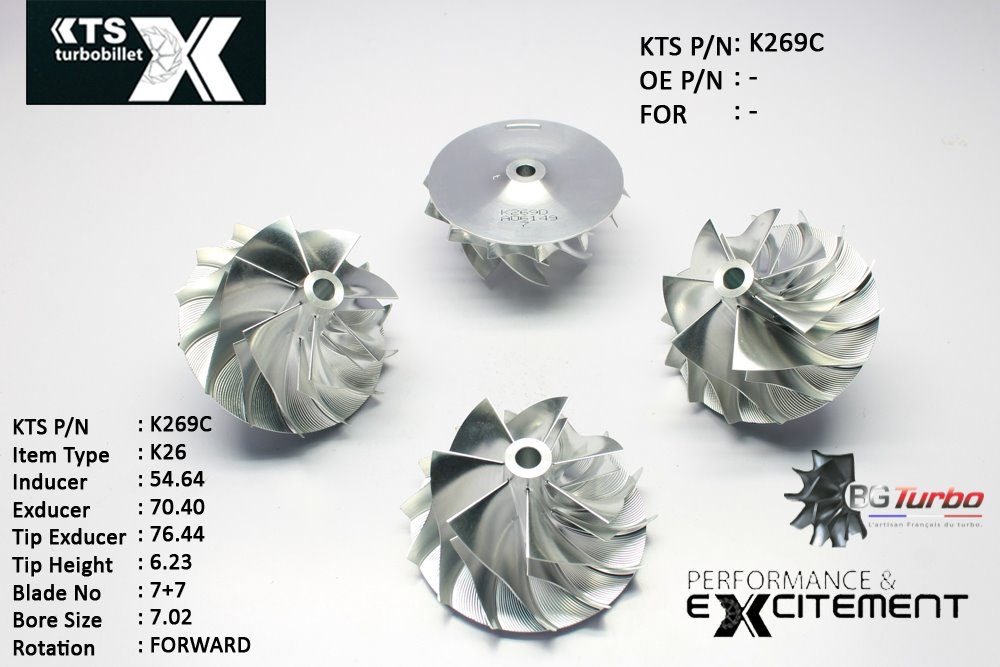 Turbo ROUE FORGÉE MFS PERFORMANCE - 7+7 PALES - INDUCER : 54,64 - EXDUCER : 70,4 - TYPE : K26ANGLE : 60° - ROTATION : Forward - SUPER BACK : 2,8 - BORE SIZE : 7,02
